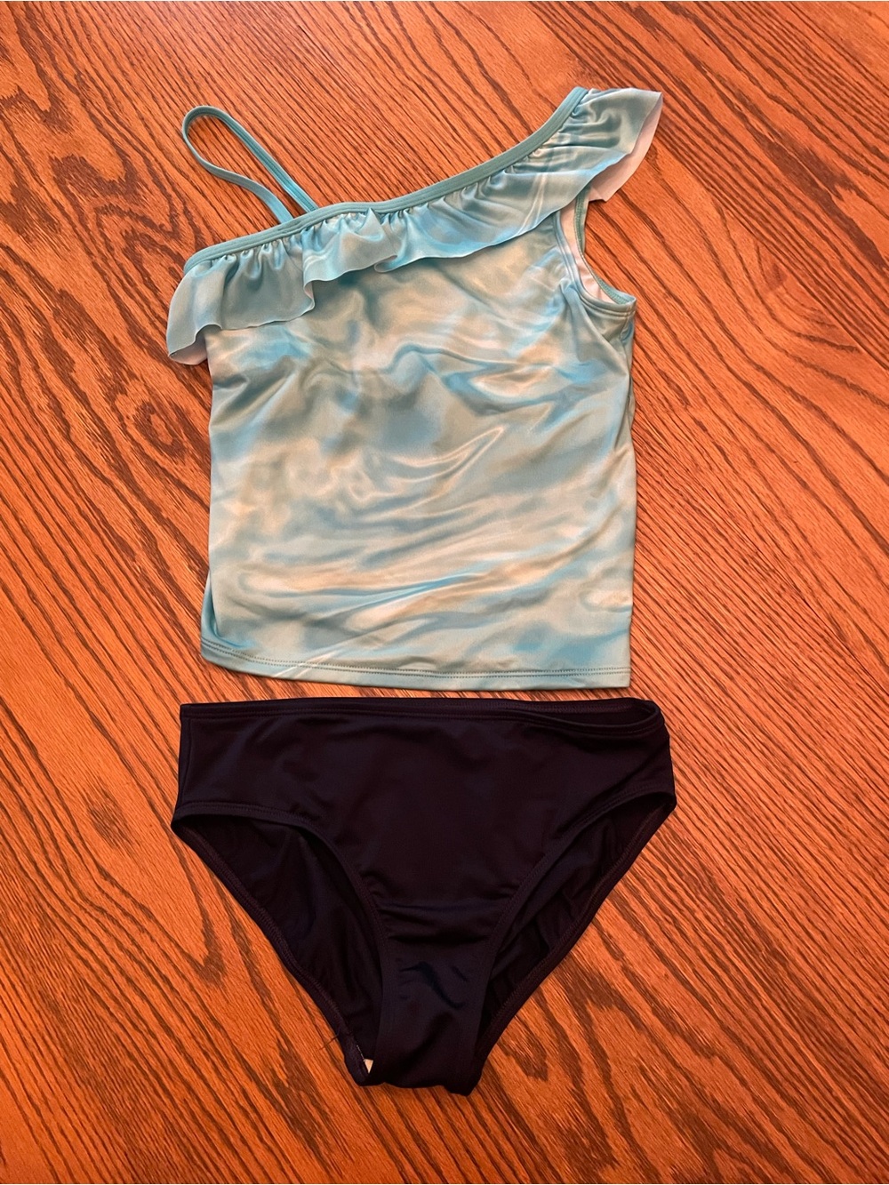 Lands End Girls' Aqua One-Shoulder Ruffle Tankini Set - Kids Swim